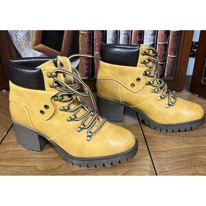 Maurice Yellow Hiking-Inspired Lace-Up Ankle Boots Block Heel Size 8